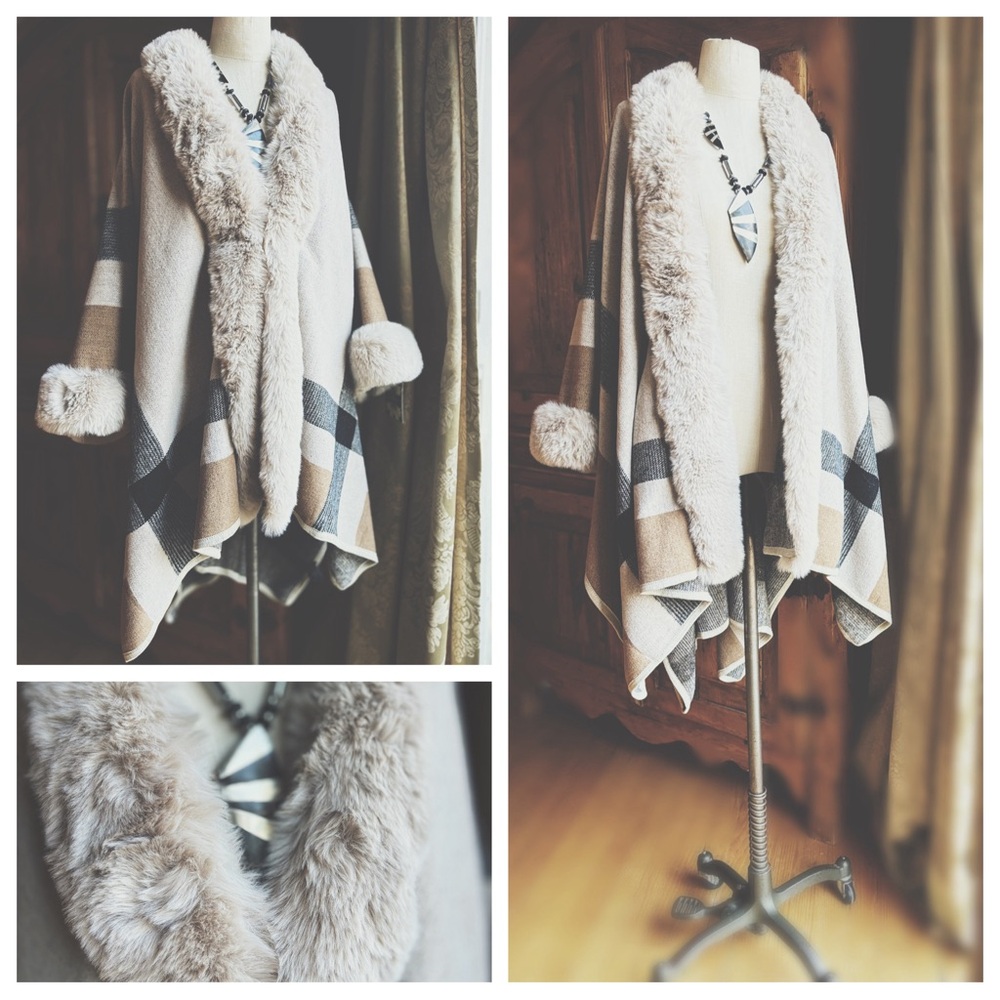 Luxe Faux Fur Trim Plaid Poncho Cape Neutral XL NWT Boutique - Picture 5 of 8